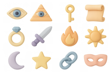 Whimsical 3d icons: eye, pyramid, key, scroll, ring, sword, fire, sun, moon, star, chain, mask