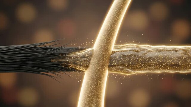 Closeup of hair strands being repaired with a golden serum, showing the before and after effect
