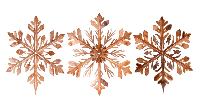 Three ornate, brown, watercolor snowflakes on a transparent black background