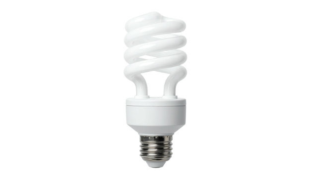 A close-up, studio shot of a white, spiral CFL lightbulb on black