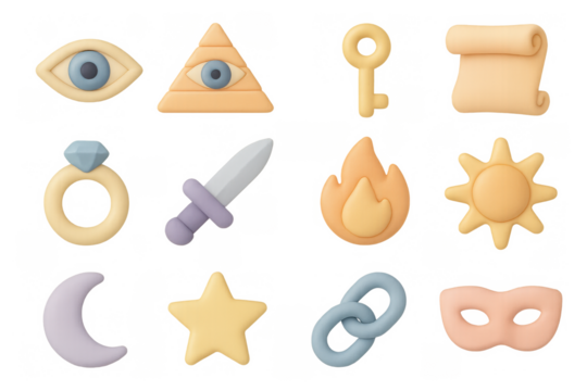 Whimsical 3d icons: eye, pyramid, key, scroll, ring, sword, fire, sun, moon, star, chain, mask