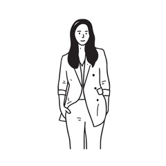 Line illustration of a woman in a suit standing with one hand in her pocket &mdash; business and career woman vector