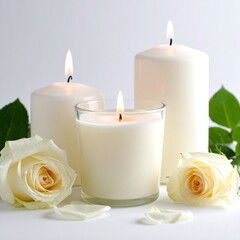 Three white candles, subtly different sizes, and two cream roses, surrounded by petals, on a white background.  Soft light highlights the flames and wax