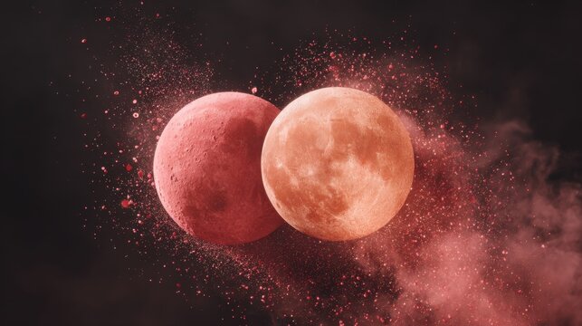 Twin orbs float in a dark space, surrounded by a reddish haze, evoking a sense of mystery and otherworldly beauty. Abstract display.