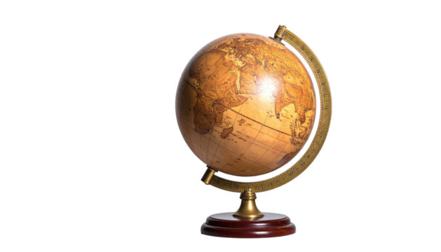 Vintage, illuminated globe in a darkened setting, highlighting continents