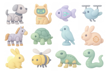 Cute pastel robot animals collection featuring various adorable creatures