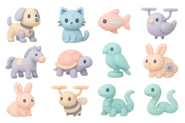 Cute kawaii cartoon animals collection in pastel colors with 3d style