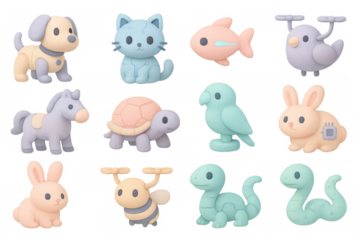 Cute kawaii cartoon animals collection in pastel colors with 3d style