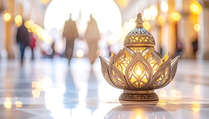 Ornate lantern illuminates a blurred, busy hall