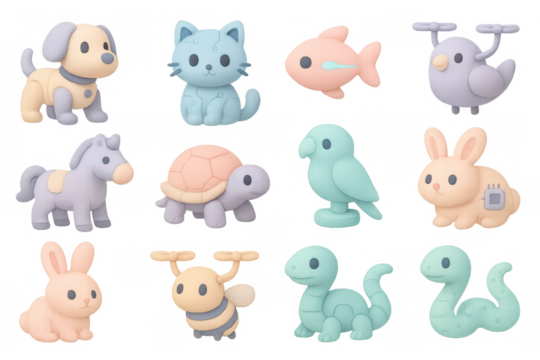 Cute kawaii cartoon animals collection in pastel colors with 3d style