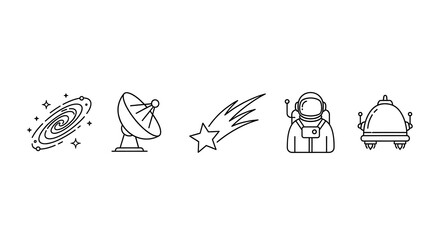 Line art depicting a galaxy, satellite dish, shooting star, astronaut, and a lunar module icon created with generated ai