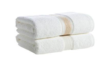 Two neatly stacked white towels with a tan patterned stripe on each