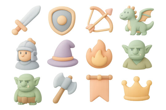 Fantasy icon set in pastel colors featuring knight, wizard, and dragon