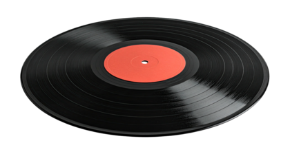 A black vinyl record with a red center label against a dark background