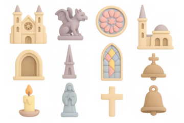 Medieval church icon set in pastel 3d style featuring architecture and religious symbols