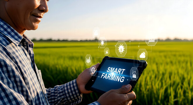 Farmer using augmented reality to monitor agriculture data in real time.