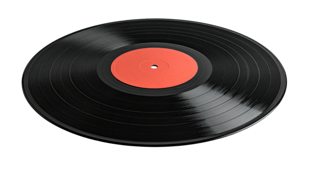A black vinyl record with a red center label against a dark background