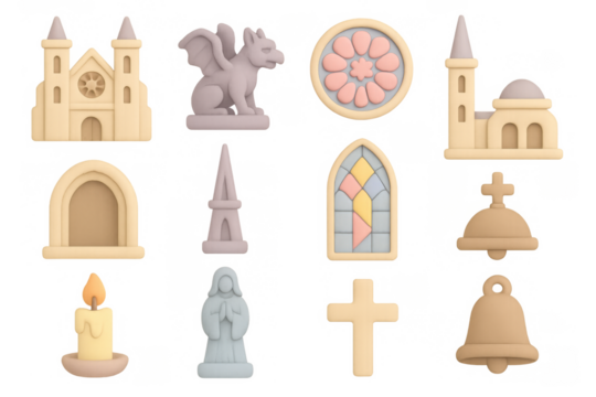 Medieval church icon set in pastel 3d style featuring architecture and religious symbols