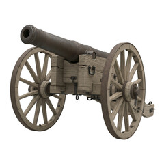 Antique iron cannon on wooden carriage with spoked wheels, centered on white background, highlighting historical military design and craftsmanship detail