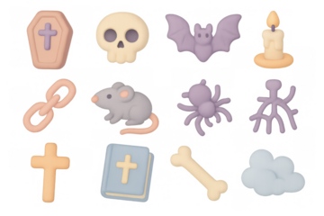 Cute halloween icons: pastel skulls, bats, and more