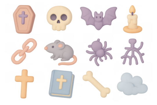 Cute halloween icons: pastel skulls, bats, and more