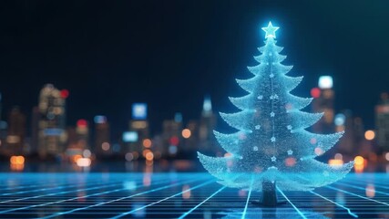 Holographic christmas tree glows on neon grid in sharp foreground, blurred city skyline with warm bokeh at night, star topper and snow particle lights, festive tech innovation atmosphere - Powered by Adobe