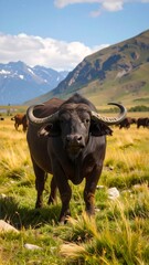 Black buffalo in a grassy meadow, mountains in background