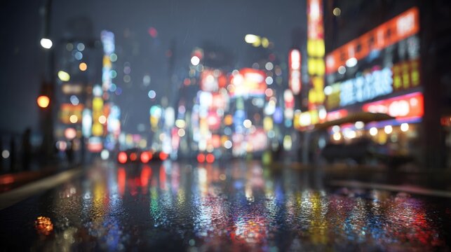 A blurred cityscape at night shows bright lights reflecting on a wet street, creating a vibrant, yet dreamy urban scene.