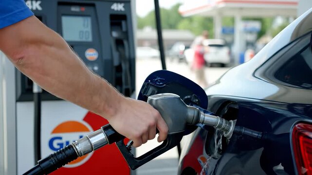 A man refuels his car at a gas station, focusing on the man's hand and the car's gas tank. The man's car is positioned near the pump as fuel flows into the gas tank.