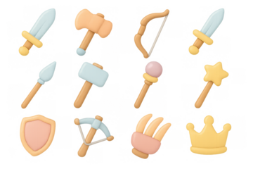 Colorful 3d cartoon medieval icon set with weapons and royal symbols