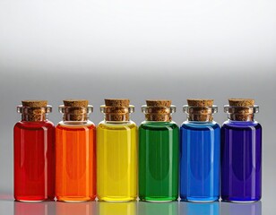 Rainbow of liquids in corked glass bottles
