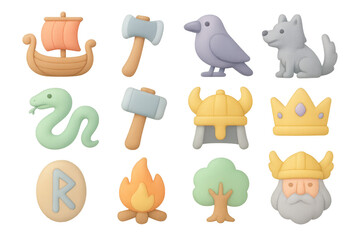 Cute viking elements collection featuring norse symbols in soft 3d style