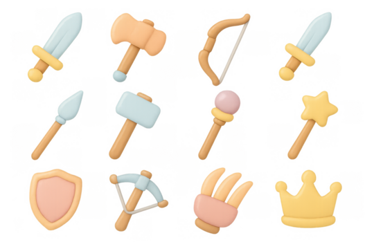 Colorful 3d cartoon medieval icon set with weapons and royal symbols - Powered by Adobe