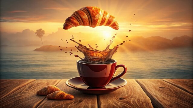 Steaming cup of coffee with croissant splash morning breakfast delicious refreshment baked pastry
