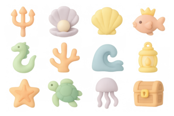 Pastel ocean icons collection with sea creatures and marine elements in 3d style