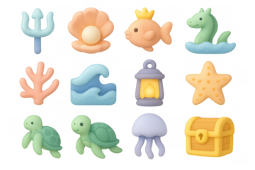 Cute sea creature collection: pastel cartoon marine icons