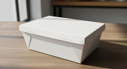 A white takeout box on a wooden table, capturing a simple and clean aesthetic for food delivery or packaging concepts in a bright setting