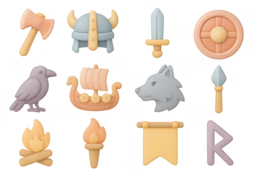 Cute nordic icons set featuring viking helmet, longship, axe, and more