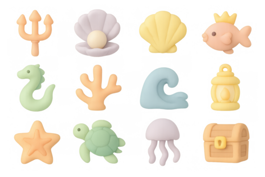 Pastel ocean icons collection with sea creatures and marine elements in 3d style