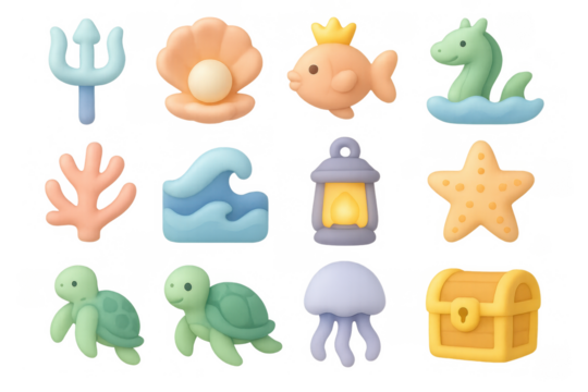 Cute sea creature collection: pastel cartoon marine icons - Powered by Adobe