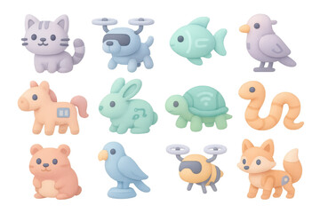 Naklejka premium Pastel 3d animal icons with technology elements featuring cats, birds, and fish