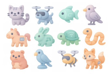 Pastel 3d animal icons with technology elements featuring cats, birds, and fish