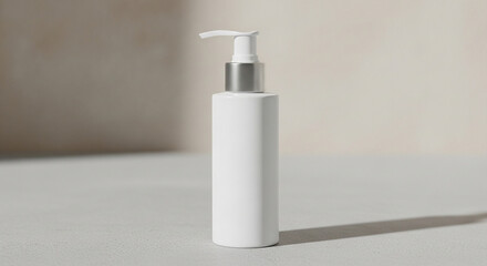 Elegant white pump bottle with silver accents on a textured surface, isolated on white background the bottle is clean and modern, perfect for cosmetic product