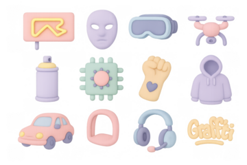 Soft 3d pastel icons set featuring technology, fashion, and art elements