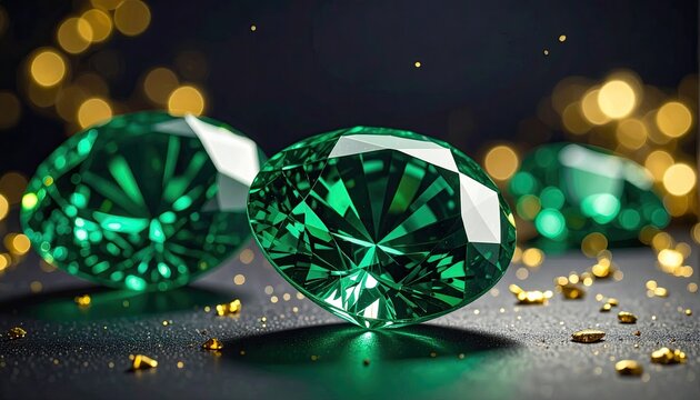 Faceted green gems with bokeh on dark surface