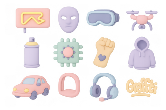 Soft 3d pastel icons set featuring technology, fashion, and art elements