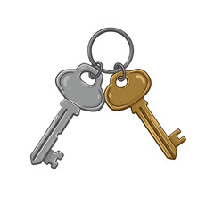Two house keys on a metal keyring, cartoon illustration, silver gold grey, home ownership and access