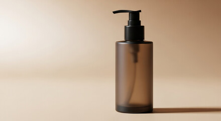 Sleek dark pump bottle on a neutral background the bottle is semitransparent, revealing the contents inside, perfect for cosmetic or personal care product