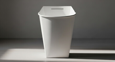 Minimalist white trash can casting a soft shadow on a white surface, isolated on white background the can is clean and simple, with a modern design