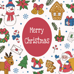 Festive square background with doodle hand drawn elements and text Merry Christmas on white background. Flat vector illustration. Modern design for card, social media, invitation, cover